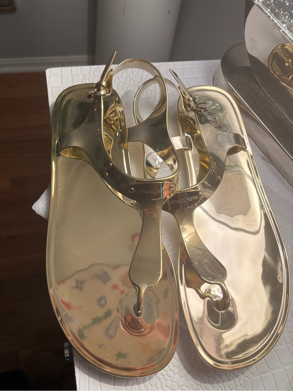 Michael Kors Metallic Gold Jelly Thong Sandals